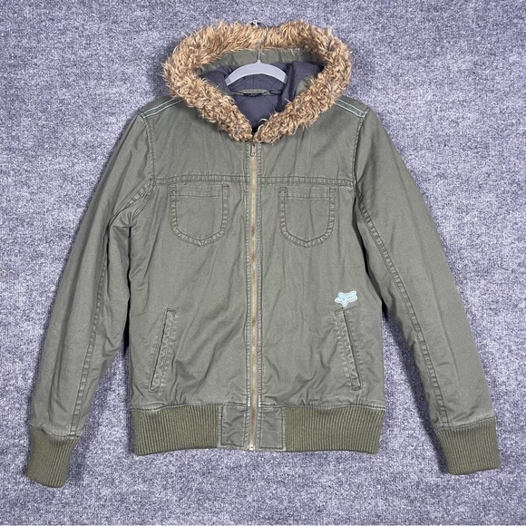 Fox Women’s Junior Large Green Military Style Faux Fur Hooded Jacket 90s Y2K - Picture 12 of 14